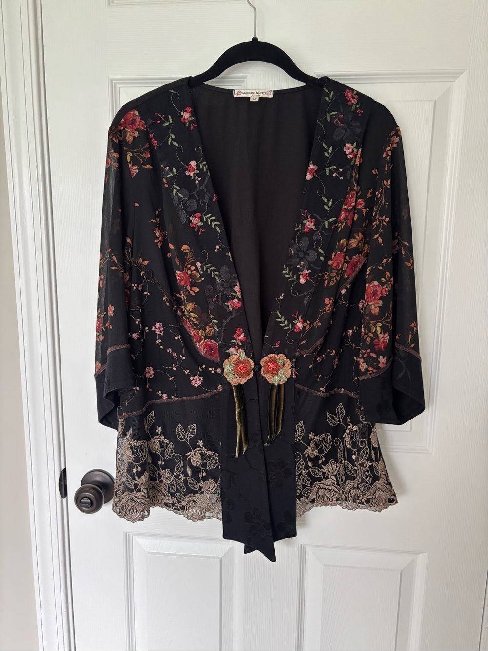 Spencer Alexis Black Floral Embroidered Kimono Wrap